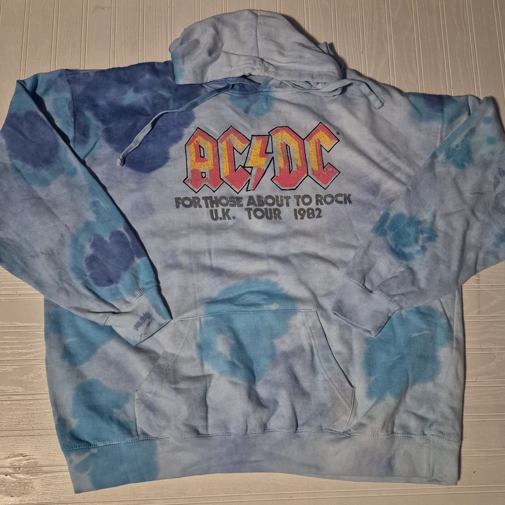 NWT 2021 AC/DC Mens Womens Hoodie Pullover Sweatshirt Blue Tie Dye Print 1982 UK